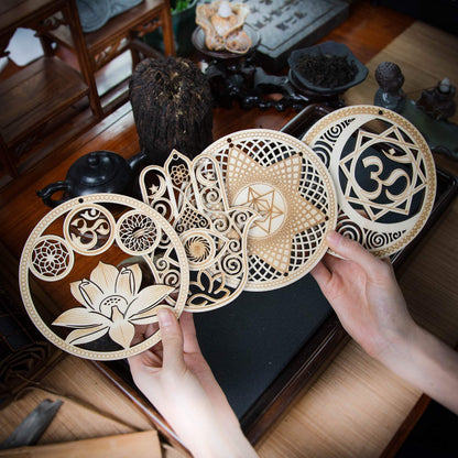 5.31" Sacred Geometry Wall Art 4 PCS Set, (Sacred Lotus, Hamsa Hand, Soul Star, Union Sun Moon) Crystal Grid Meditation Chakra Wooden Wall Art Yoga Decor Spiritual Gifts