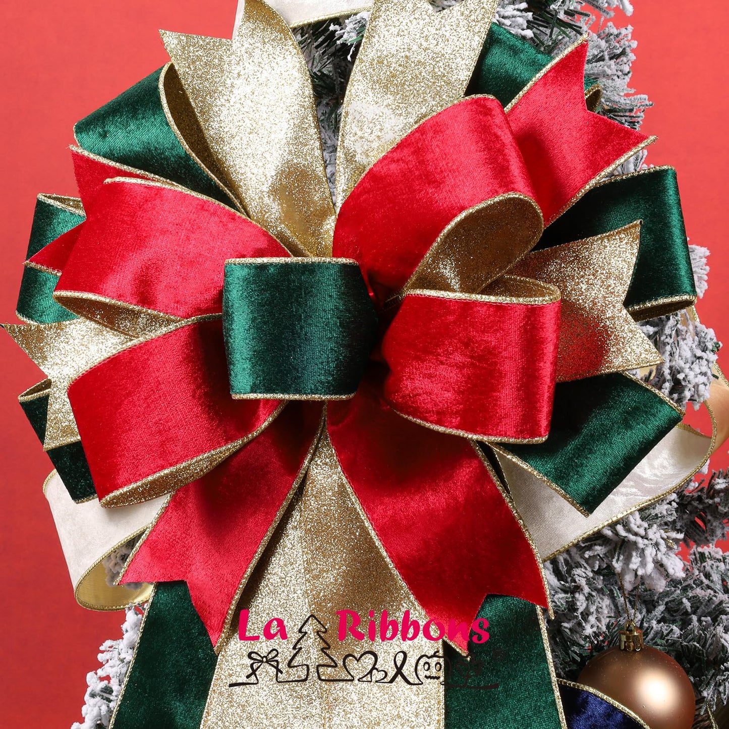 LaRibbons Christmas Velvet Ribbon Wired 2.5 Inches Wide (2 Rolls 20 Yards TTL) Double Faced Red Green and Gold Glitter Velvet Ribbon for Christmas Tree Garland, Gift, Bow, Home Decor