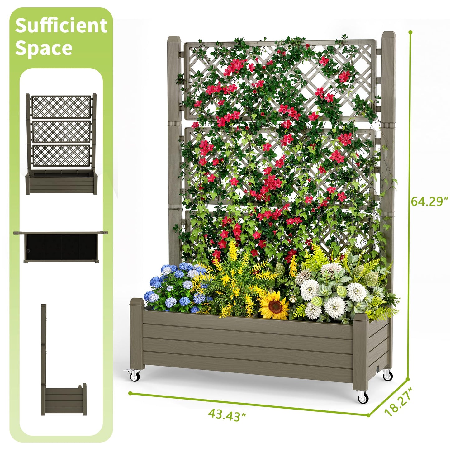 GYMHILL Elevated Raised Garden Bed with Trellis,Outdoor Large Resin Patio Planter Box with Lockable Wheels Drain Plug,Water Monitor for Plants Vegetables Flowers Fruits (Grey, 43.43 * 18.27 * 64.29)
