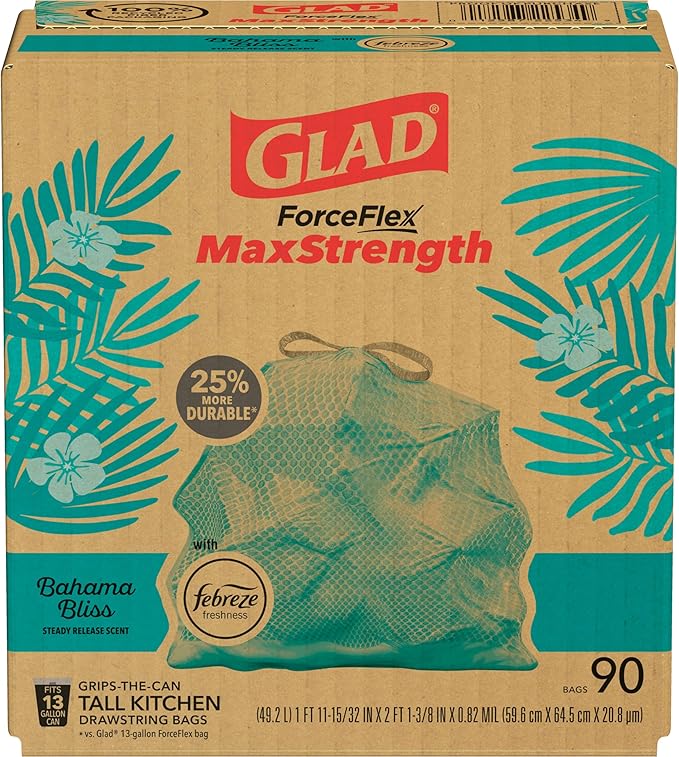 Glad ForceFlex MaxStrength Kitchen Trash Bags, 13 Gal, Bahama Bliss Febreze
