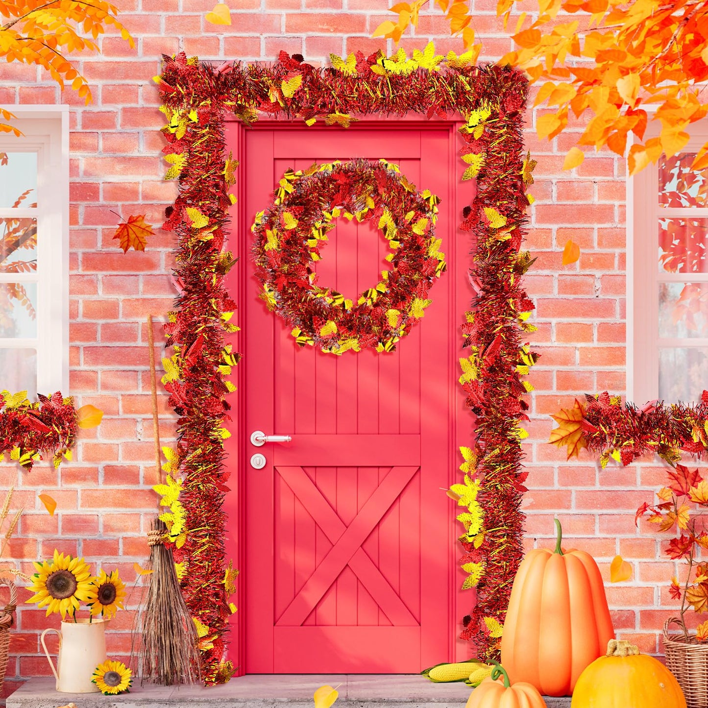 4 Strings Total 26.4 FT Thanksgiving Maple Leaf Tinsel Garlands – Each 6.6 FT Red Gold Metallic Fall Leaf Garland for Autumn, Harvest, and Thanksgiving Party Decorations