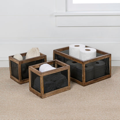 happimess BSK3005B-3SET Fallon Modern Minimalist Wooden Metal Nesting Storage Baskets for Shelves, Cabinets, Pantry, Countertop, Mesh Open Bin Basket for Organizing Supplies, Black/Natural (Set of 3)