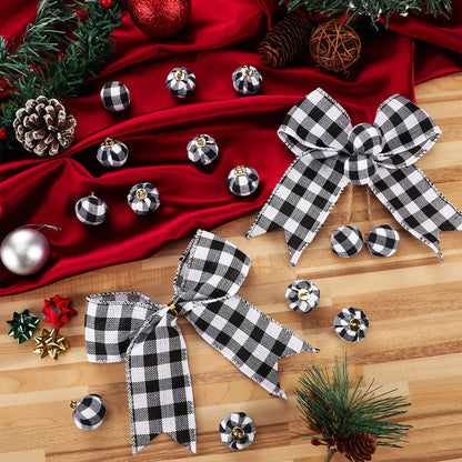 Chuangdi 36 Pcs Christmas Buffalo Plaid Ball Ornament and 12 Pcs Bow - Xmas Tree Hanging Decor for Holiday Farmhouse Party (Black and White, 5.9 Inch and 1 Inch)
