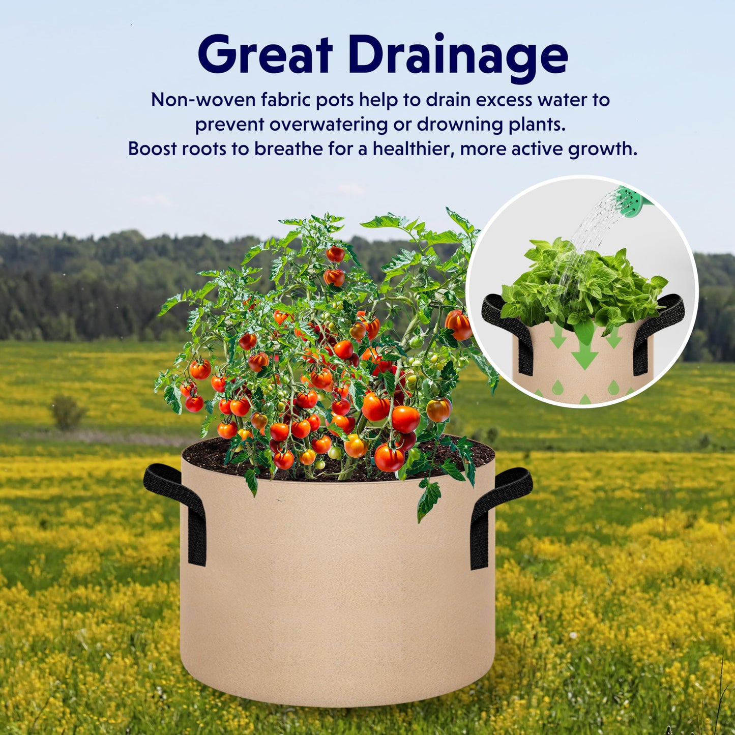 iPower 5 Pack 15 Gallon Tan Grow Bags, Garden Planting Nonwoven Fabric Pots with Reinforced Handle, Heavy Duty and Aeration Planter Pot for Tomato, Fruits, Vegetables and Flowers