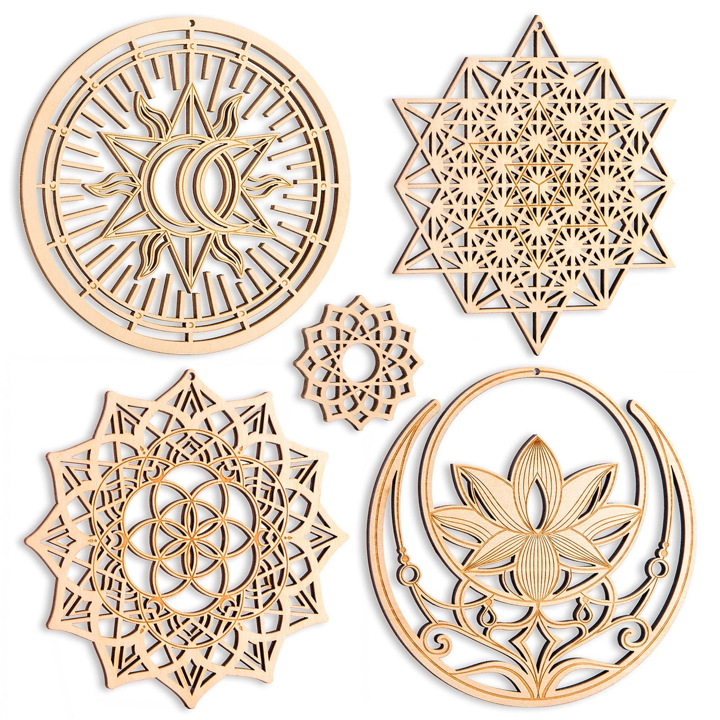 Qallicon 5.31" Sacred Geometry Wall Art 4 PCS Set, (Mandala, Buddha Lotus, 64 Star Tetrahedron, Sun Moon and Stars) Crystal Grid Meditation Chakra Wooden Wall Art Yoga Decor Spiritual Gifts