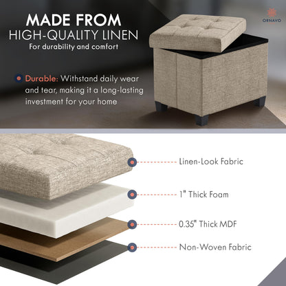 Ornavo Home Storage Ottoman Small Rectangle Ottoman with Legs, Foot Rest Stool Seat, Load up to 600 LB, for Living Room, Bedroom, Home Office, Dorm - 12 x 16 x 12, Tan