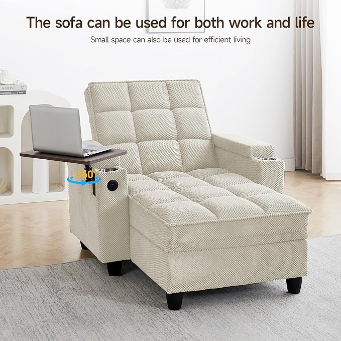 Oversized Recliner Chair with Swivel Tray Table, Modern Tufted Linen Fabric