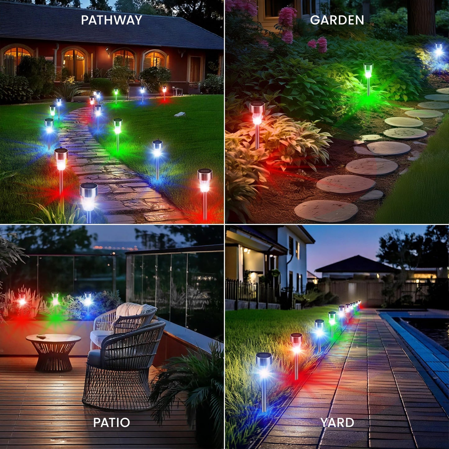 CUQOO Solar Garden Stake Lights – 10 Pack Colour-Changing LED, Weatherproof Stainless Steel Solar Lights for Outdoor Pathway Lighting – Rechargeable with Automatic Night Activation [Energy Class A+]