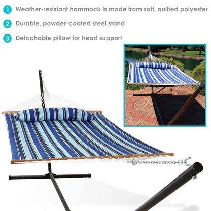 Sunnydaze Quilted Double Hammock with Stand for Outside - 400-Pound Capacity 2-Person Hammock with Stand - 15-Foot Stand - Catalina Beach