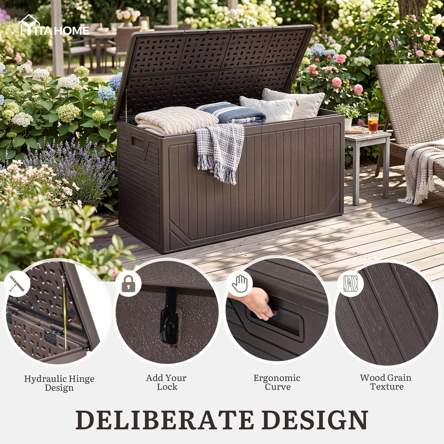YITAHOME XXL 300 Gallon Extra Large Outdoor Deck Box, Lockable Resin Double-Wall Storage Box and Waterproof Patio Furniture Bin for Garden Tools & Pool Accessories, Brown