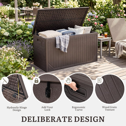 YITAHOME XXL 300 Gallon Extra Large Outdoor Deck Box, Lockable Resin Double-Wall Storage Box and Waterproof Patio Furniture Bin for Garden Tools & Pool Accessories, Brown