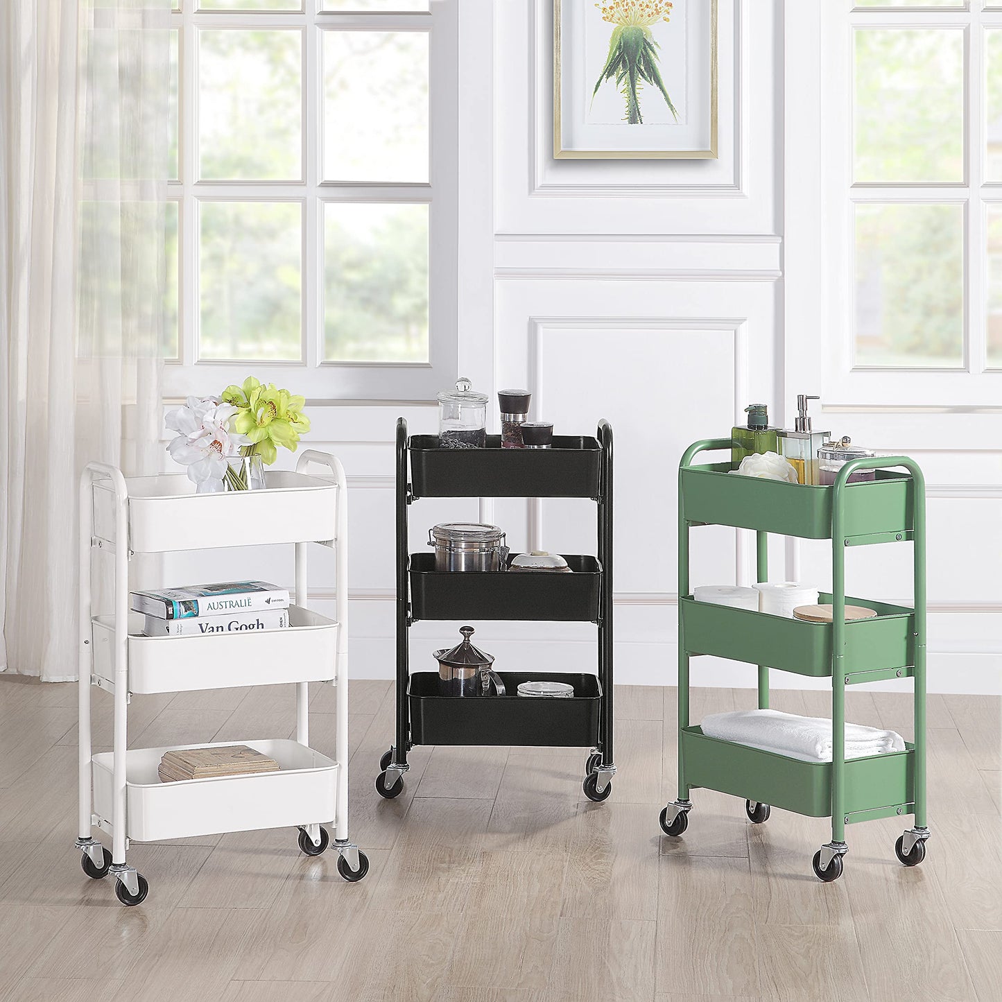 SunnyPoint 3-Tier Delicate Compact Rolling Metal Storage Organizer - Mobile Utility Cart Kitchen/Under Desk Cart with Caster Wheels - WHT (15.35" X 10.24" X 26.8"H)