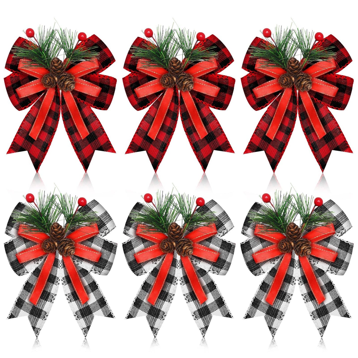 Syhood 6 Pcs Christmas Bows with Pine Cones Pine Needles Xmas Buffalo Plaid Bows Black White Plaid Ribbon Christmas Tree Wreath Decoration for Xmas Parties Indoor Outdoor Crafts DIY Decor