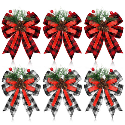 Syhood 6 Pcs Christmas Bows with Pine Cones Pine Needles Xmas Buffalo Plaid Bows Black White Plaid Ribbon Christmas Tree Wreath Decoration for Xmas Parties Indoor Outdoor Crafts DIY Decor