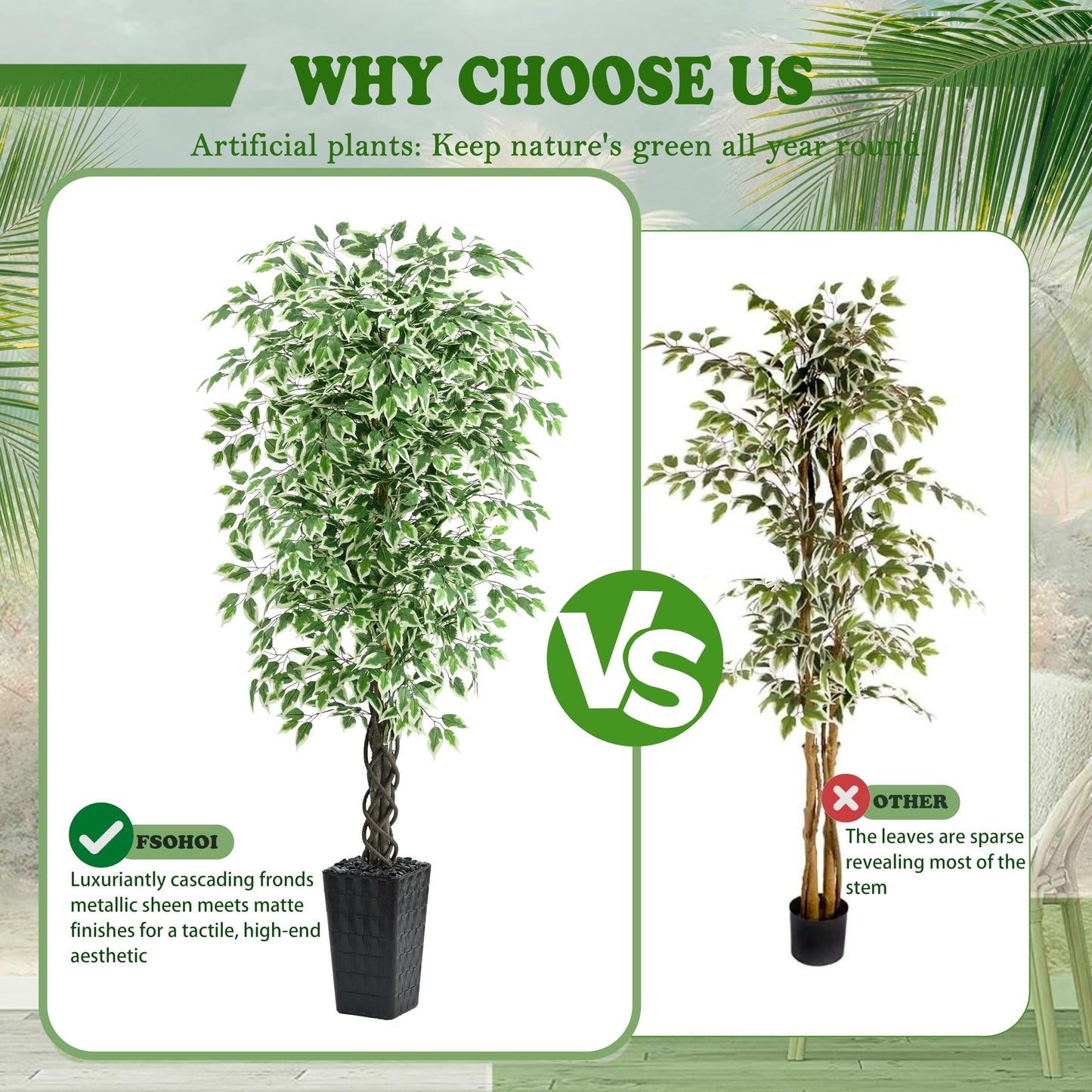 Artificial Ficus Tree Indoor 6FT Fake Plants Large Artificial Plant with Crack Black Tall Planter, Green Lifelike Lush Fake Ficus Tree for Home Living Room Bedroom Outdoor Balcony House Office Decor