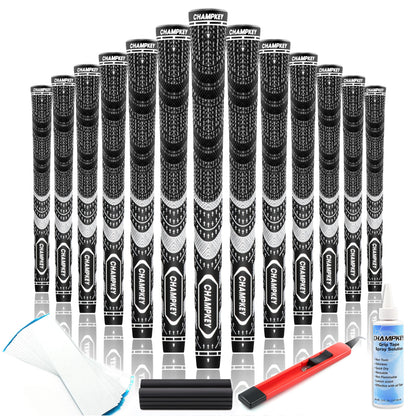 CHAMPKEY Premium Hybrid Golf Grips 13 Pack with All Repair Kits - All Weather Performance Golf Club Grips - High Traction and Control Half Corded Golf Grips for Men(Black,Midsize)