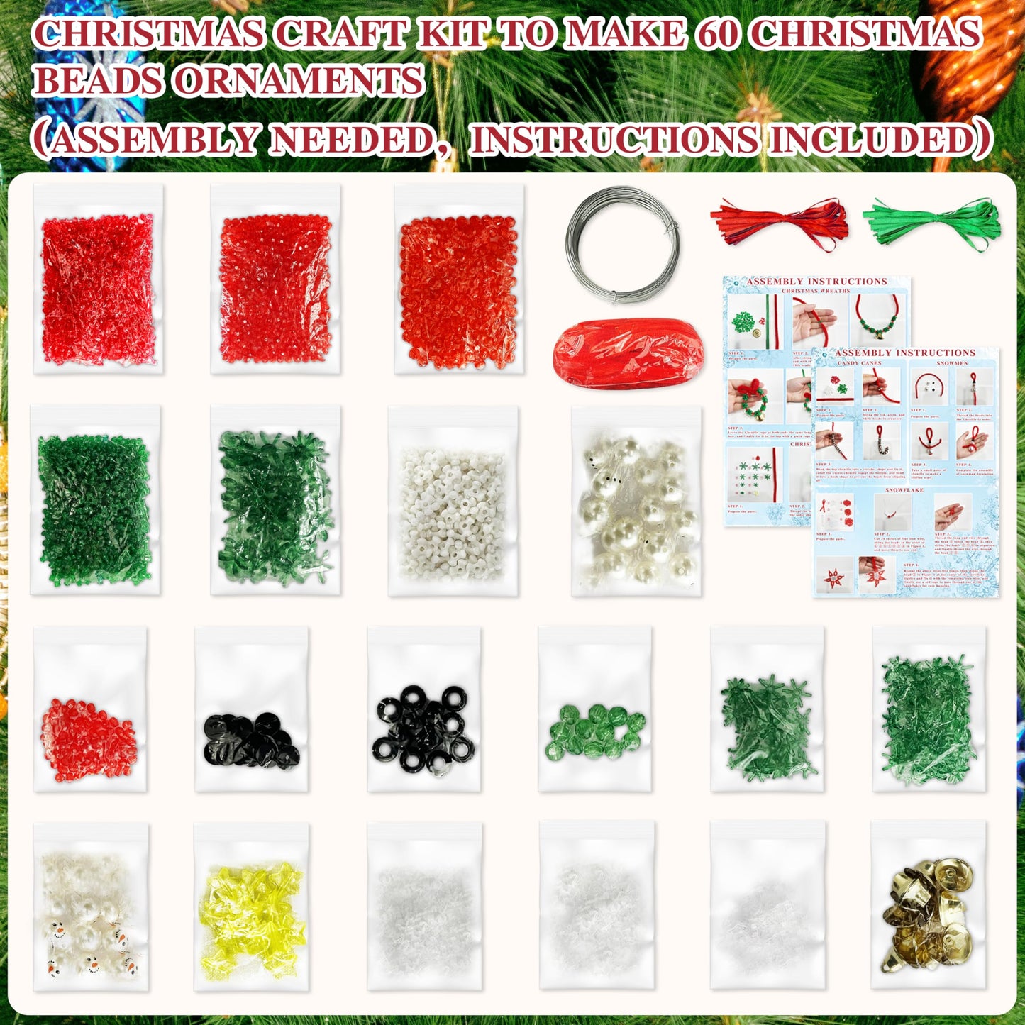 Christmas Beaded Craft Kit for Kids - 60 Pc Ornament Set, Tree Decorations (Snowman, Christmas Tree, Wreath, Snowflake, Candy Cane Each x12)