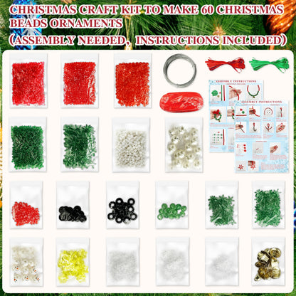 Christmas Beaded Craft Kit for Kids - 60 Pc Ornament Set, Tree Decorations (Snowman, Christmas Tree, Wreath, Snowflake, Candy Cane Each x12)