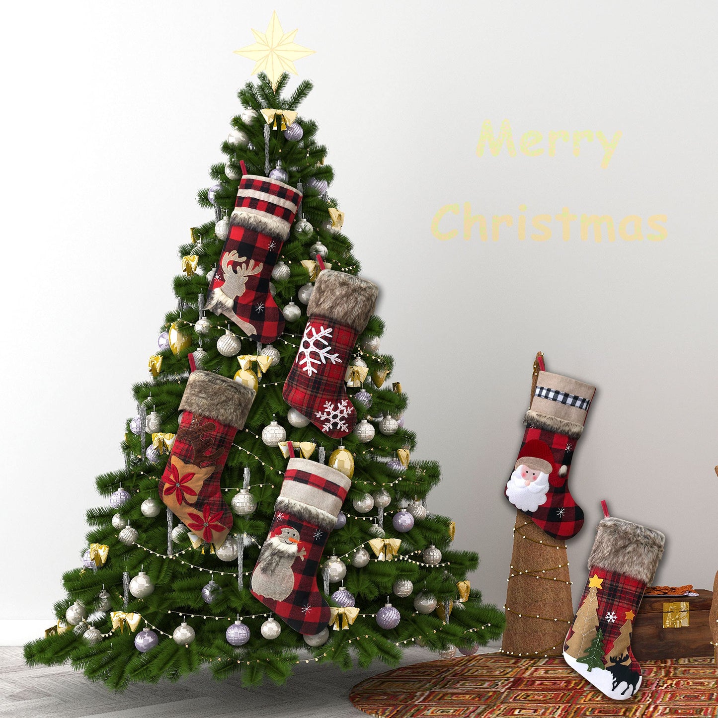 BRvieluck Christmas Stockings Set of 6 Buffalo Red Plaid with Soft Faux Fur for Family Fireplace Hanging Large 20 Inches Xmas Stockings Decorations Holiday Season Decor 6 Pack