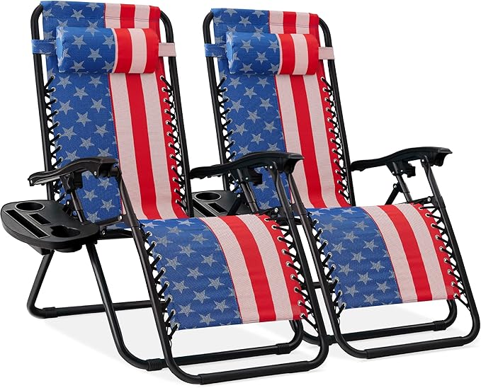 Best Choice Products Set of 2 Adjustable Steel Mesh Zero Gravity Lounge Chair Recliners w/Pillows and Cup Holder Trays - American Flag