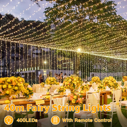 Ollny Fairy Lights Mains Powered, 40m 400 LED Outdoor String Lights, Warm White Waterproof Garden Light with Plug/Timer/8 Modes/Dimmable for Outside/Indoor/Window/Wedding Decorations