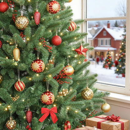 Alupssuc 128pcs Christmas Balls Ornaments Set, Shatterproof Plastic Baubles Christmas Flowers and Tree Topper for Xmas Tree Holiday Wedding Party Decorations with Hanging Strings, Red and Gold