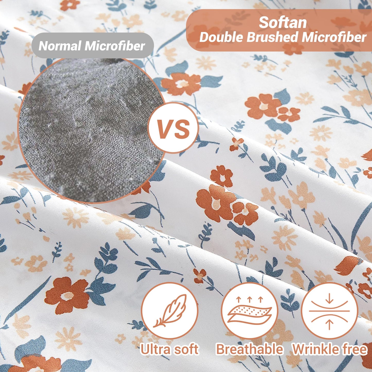 Softan Floral Twin Size Sheet Set, Orange Flower Printed Bed Sheets for Girls, 3-Piece Microfiber Single Fitted Sheet with 15" Deep Pocket & Non-Slip Straps, Patterned Bedding Sheets & Pillowcase Set