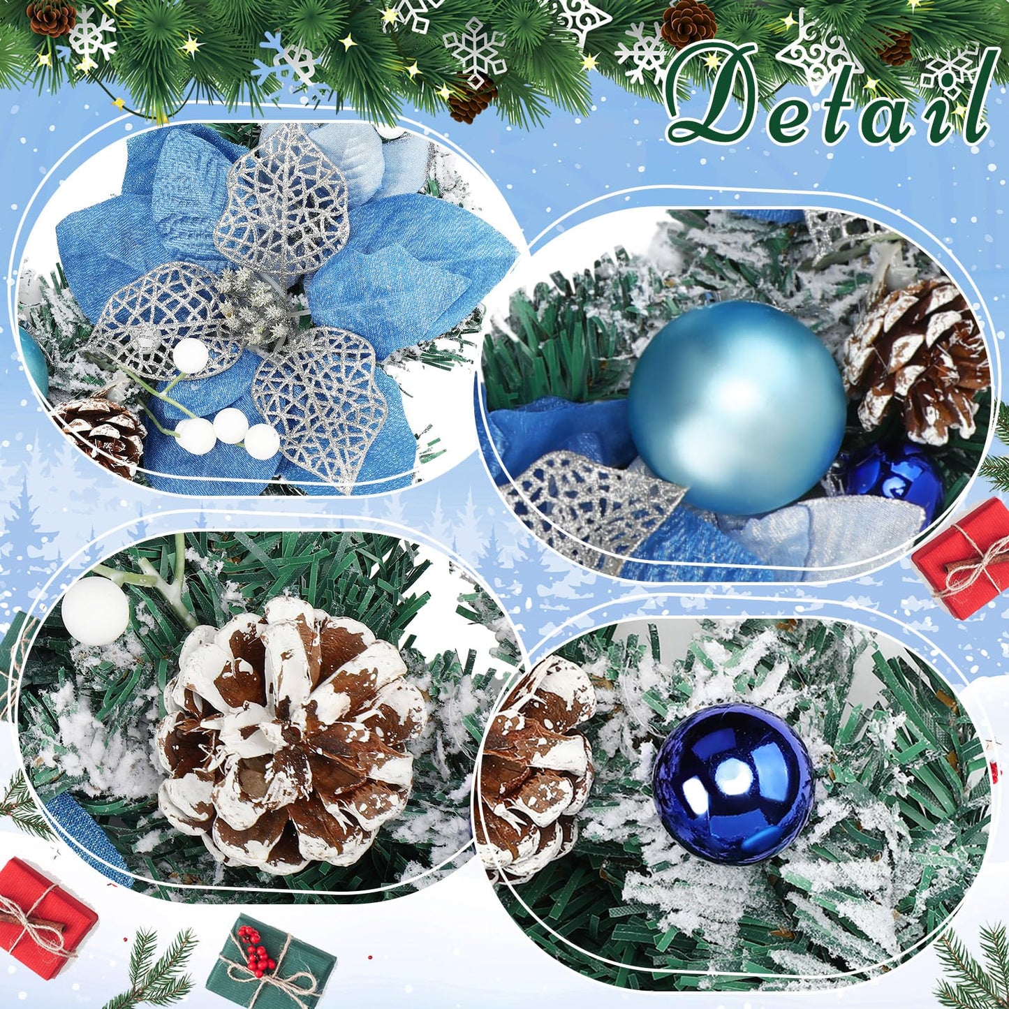 Knitgrip Pre-Lit Christmas Wreaths for Front Door 13.7 Inches Christmas Wreath with Ball Ornaments 20 LED Lighted Hoop for Outdoor Wall Window Fireplace (Blue,Blue Flower Style)