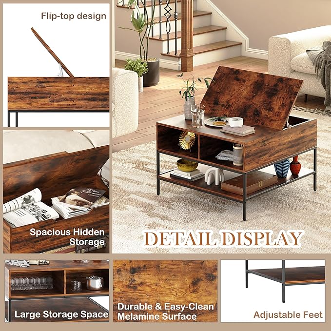 Farmhouse Coffee Table with Hidden Storage 32 in, Square Wood Living Room