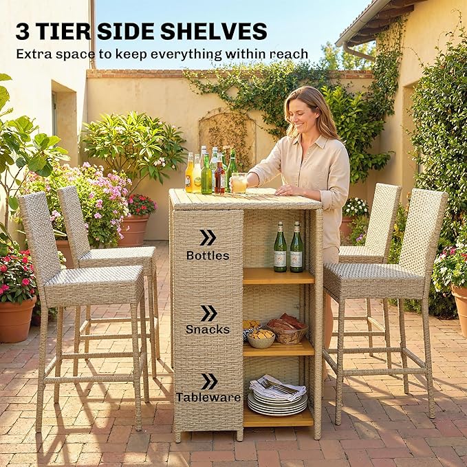 Outsunny 5 Piece Outdoor Bar Set, Wicker Outdoor High Top Table and Chairs