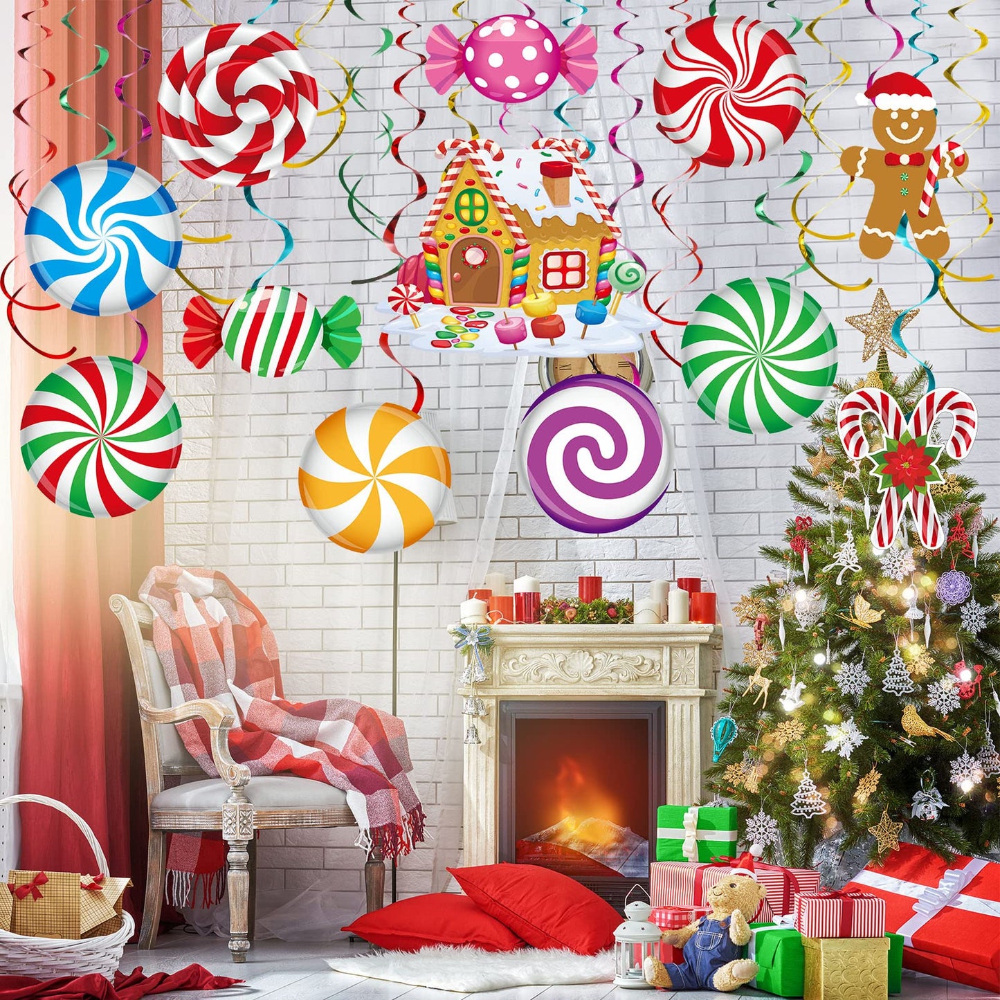 Zomiboo 53 Pcs Christmas Hanging Swirls Decorations Christmas Candy Gingerbread Man Truck Red Cardinals Christmas Ceiling Decor Ornaments for Christmas Tree Xmas Holiday Party(Candy)