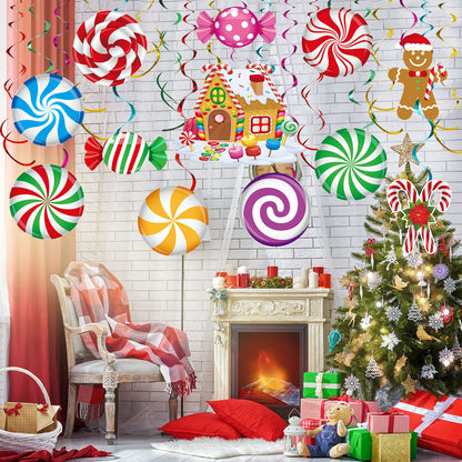 Zomiboo 53 Pcs Christmas Hanging Swirls Decorations Christmas Candy Gingerbread Man Truck Red Cardinals Christmas Ceiling Decor Ornaments for Christmas Tree Xmas Holiday Party(Candy)