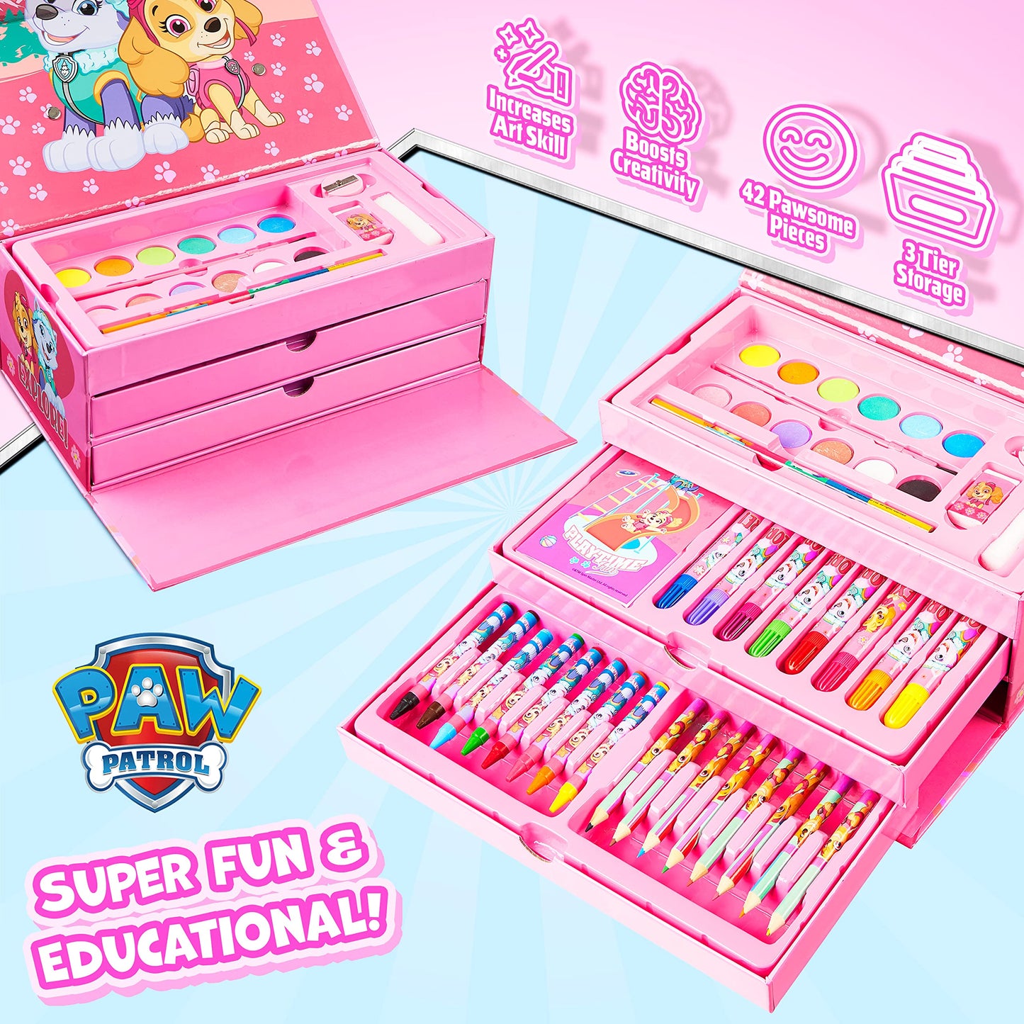 Paw Patrol Art Set Kids Colouring Pencils Felt Tip Pens Crayons Paints Stationery Crafts Boys Girls Art Supplies Preschool Travel 40 Plus Pcs Gift Set (Pink)