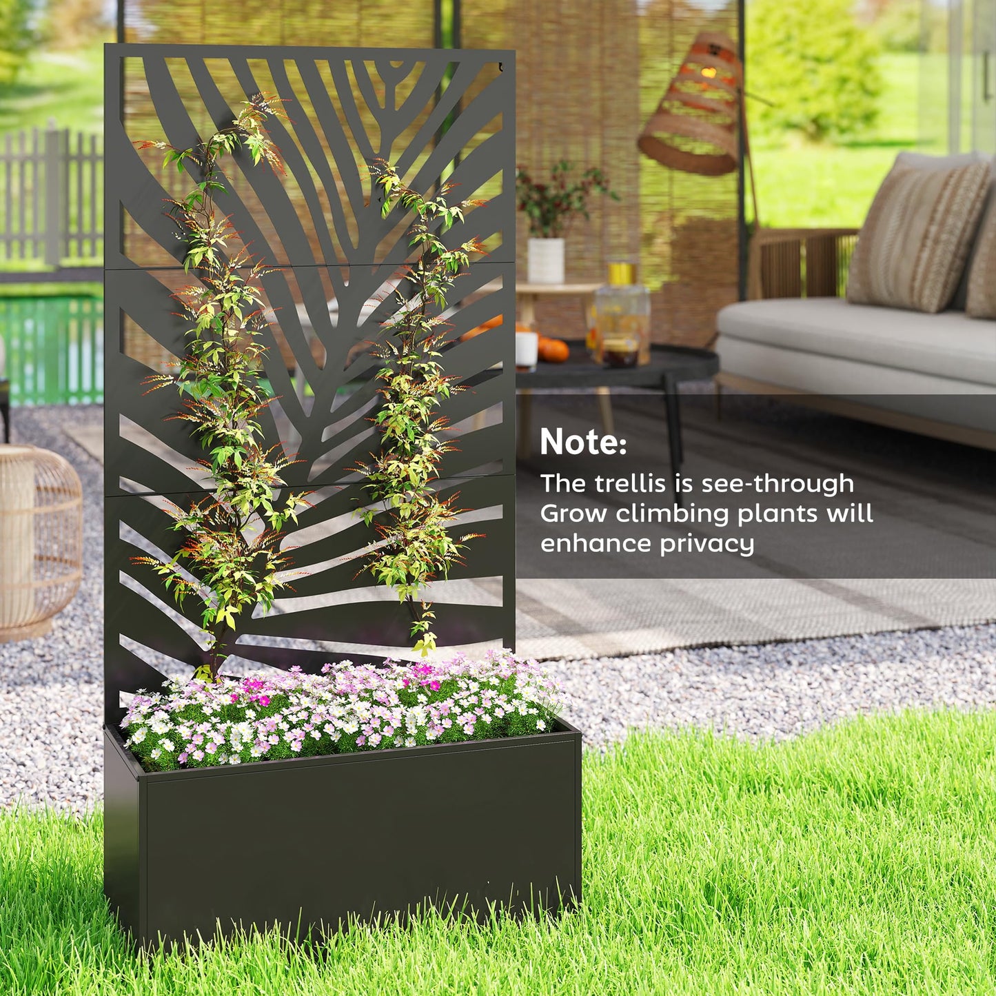 Outsunny Metal Planter Box with Trellis, 71" Tall Raised Garden Bed with Trellis Privacy Screen for Climbing Plants, Large Leaf Cut-Out Privacy Planter for Garden, Patio, Balcony