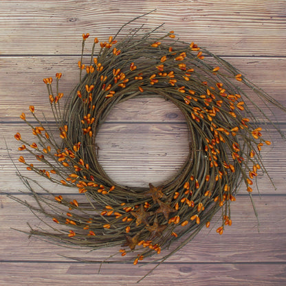 CVHOMEDECO. Primitives Rustic Pip Berries and Twig with Rusty Barn Stars Wreath, 12-Inch, Gold