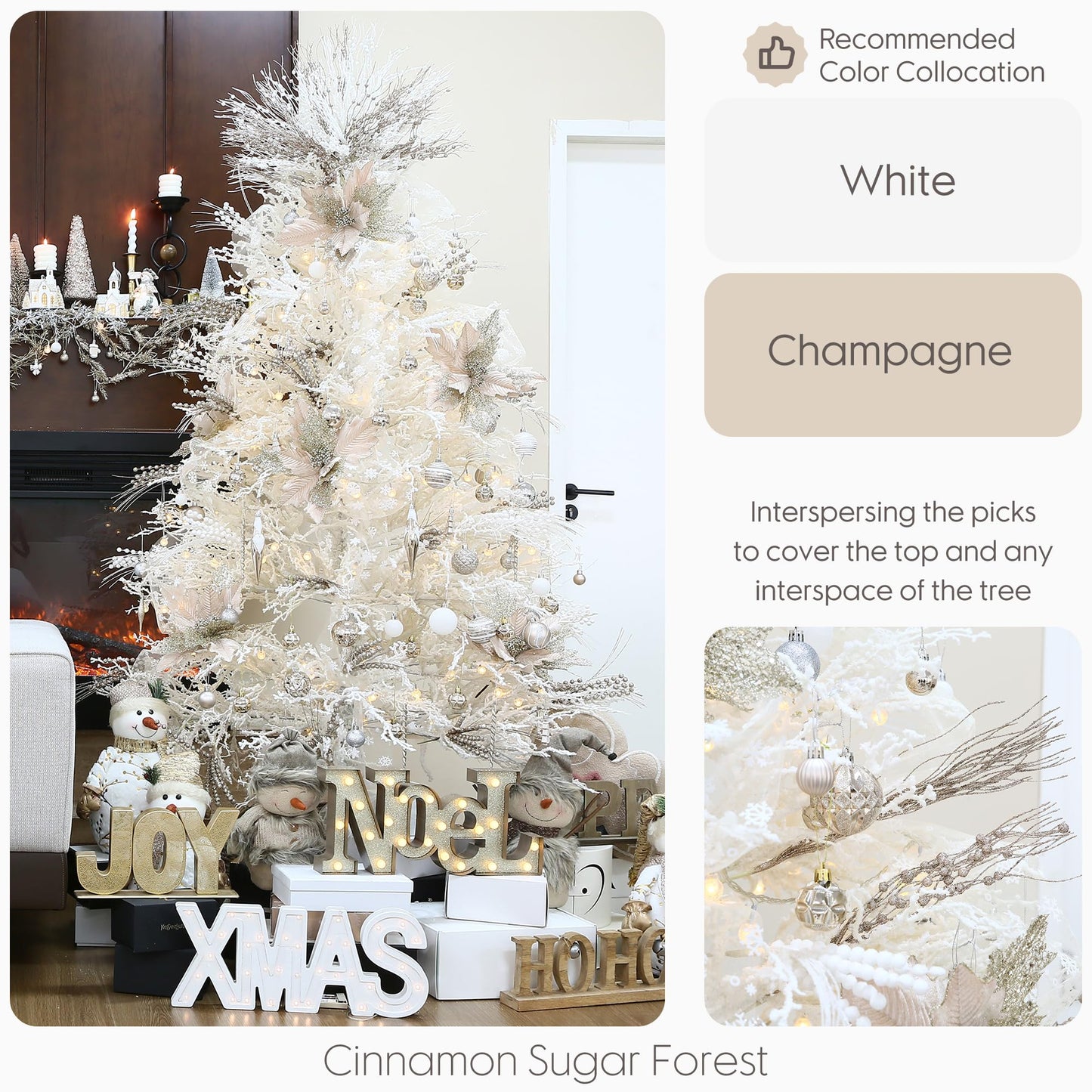 Sea Team 24-Pack Artificial Glitter Berry Stem Ornaments, Decorative Bead Sticks, Glittery Twigs, Picks, Branches for Christmas Tree, Small Vase, Holiday, Wedding, Party (15 Inches, Champagne)