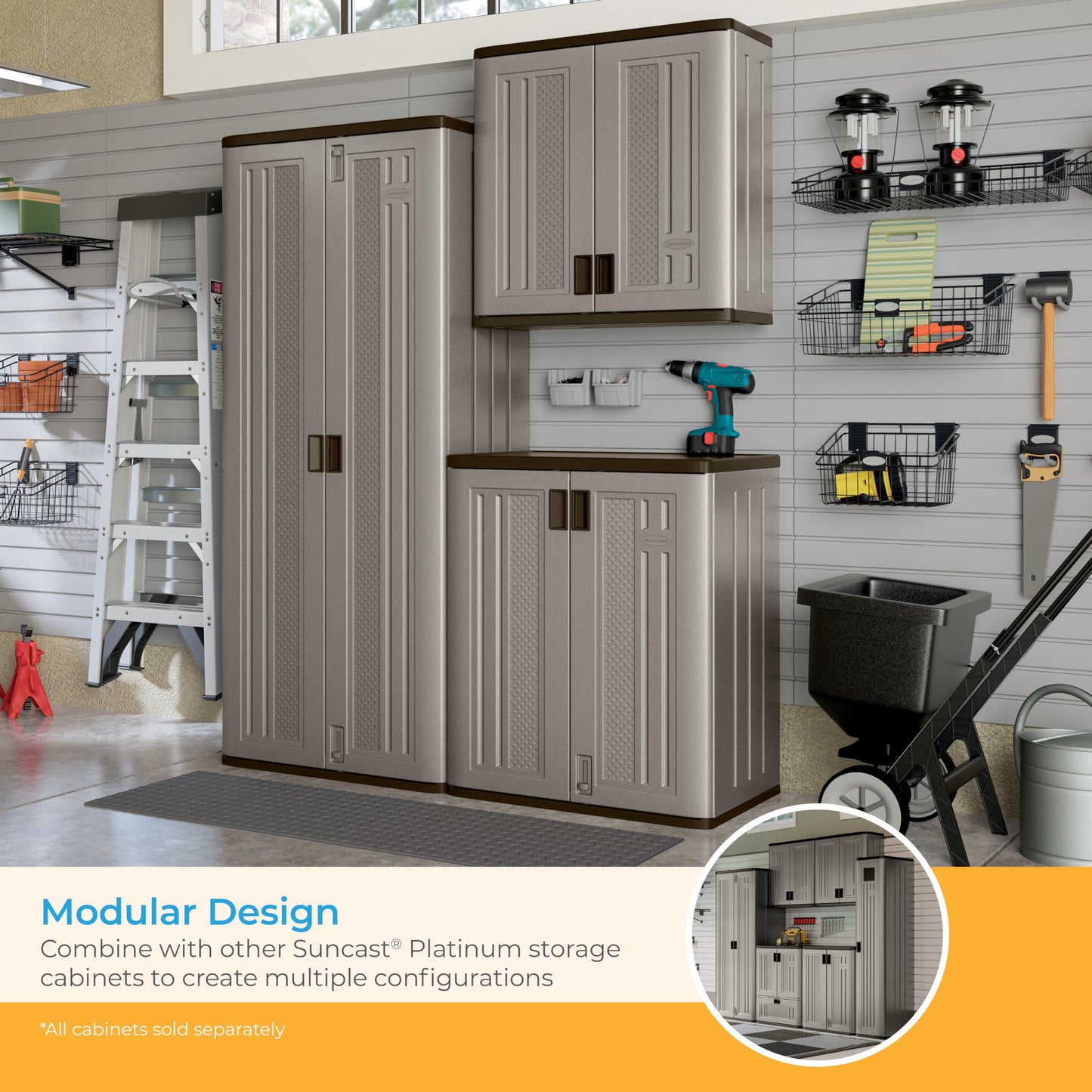 Suncast Tall Storage Cabinet, Platinum Resin Outdoor & Garage Storage Cabinet with Doors & Shelves, Plastic, Weather-Resistant, Lockable, Freestanding Utility Closet for Tools & Supplies, Made in USA