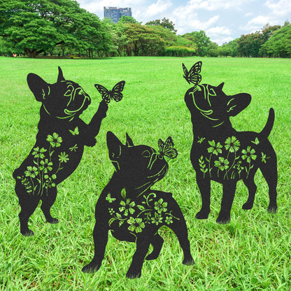 LIRAVENO French Bulldog Gifts Decor - 3 Pcs Metal Garden Stakes Outdoor Animal Statue Decorations Patio Lawn Pathway Yard Art Ornaments Butterfly Flower Silhouette Christmas Birthday for Dog Lover