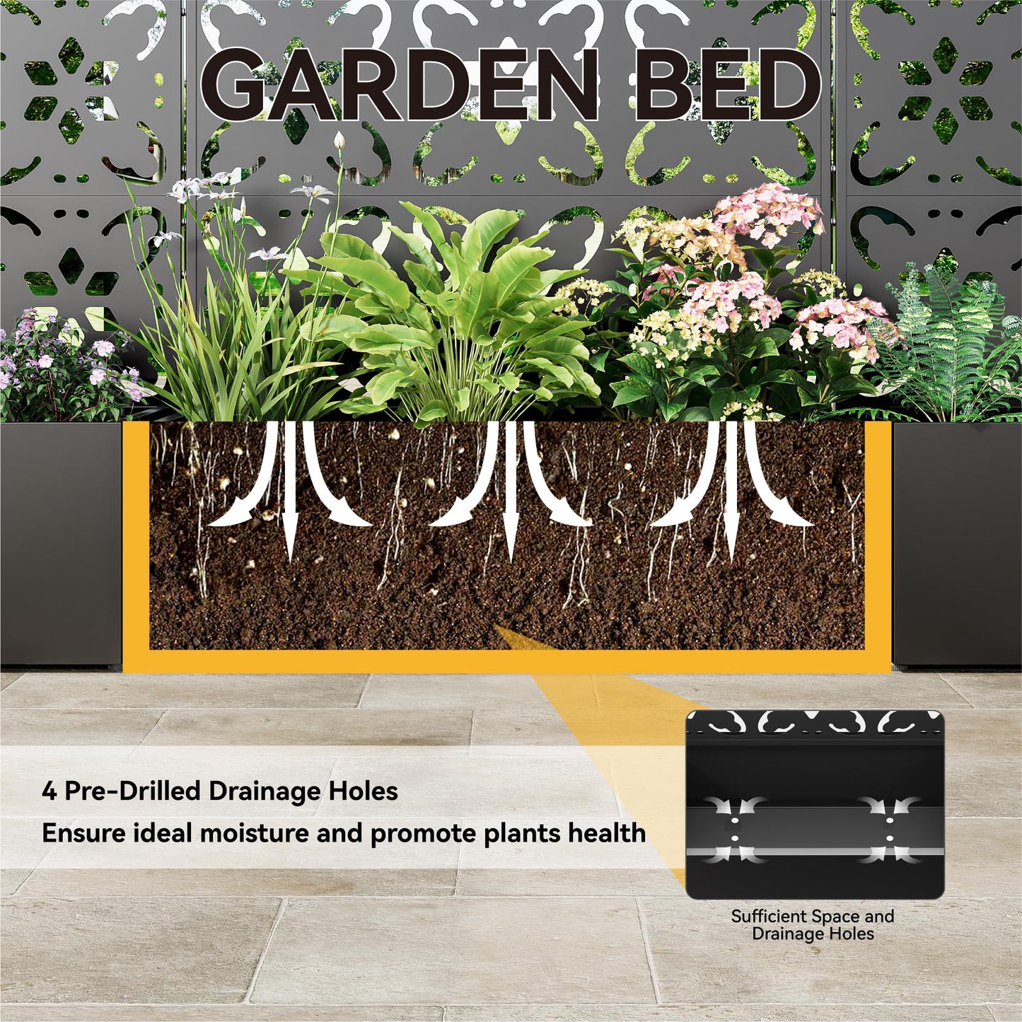 Bevivog Outdoor Privacy Screen with Planter Box, 71"x36" Freestanding Metal Privacy Planters for Patio Garden Metal Planter Box with Trellis, Outside Privacy Fence with Planter for Climbing Plants
