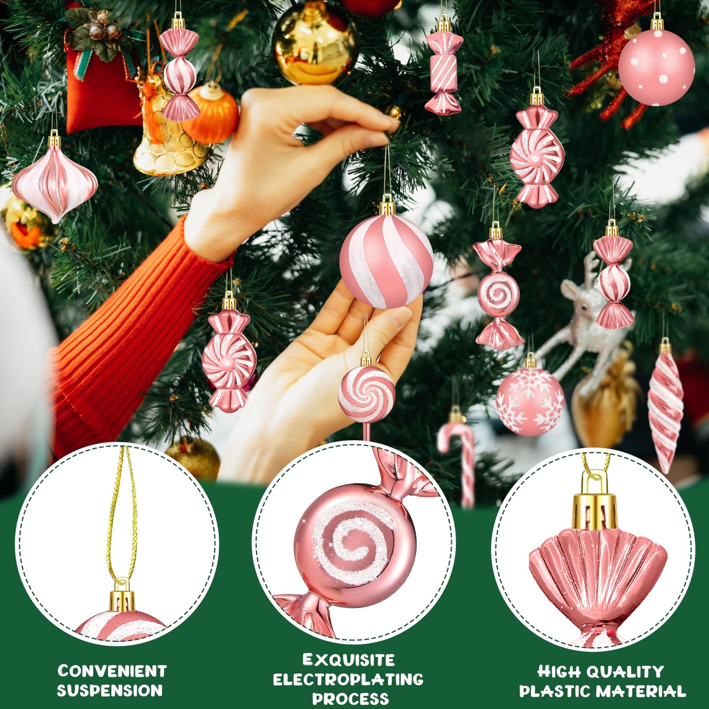 Christmas Ornaments Candy Lollipop Set -48Pcs for Xmas Tree Decoration Hanging Plastic Gloss Candy Canes Ball Pendants for New Year Home Decor Party Supplies (Rose Gold)