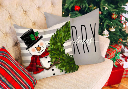 Gray Christmas Pillow Covers 18x18 Set of 4 Farmhouse Xmas Decorations Snowman Wreath Santa Claus Tree Merry Christmas Holly Jolly Winter Holiday Decor Throw Cushion Case for Home Couch S23C20