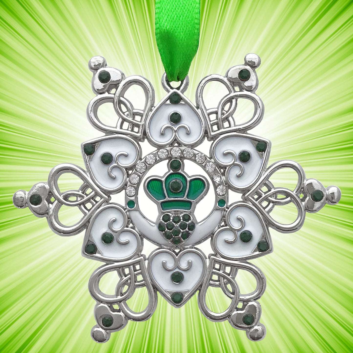 Irish Christmas Ornament Claddagh Snowflake, Filigree Metal Celtic Holiday Decoration with Green Jewels, 3 x 3 Inch Gift Ornament with Storage Bag, Irish Blessing for Family, Friends, Mom, Grandma