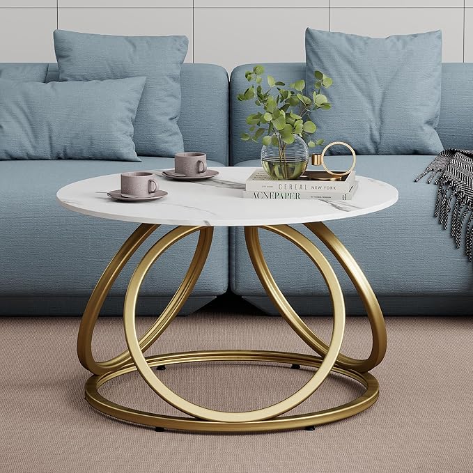 O&K FURNITURE Gold Round Coffee Table, Faux Marble Top