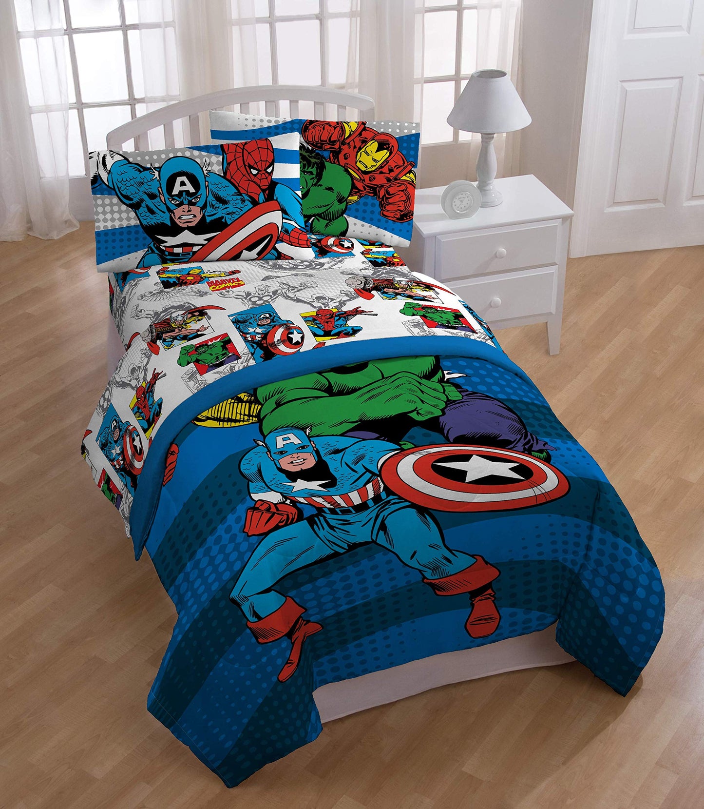 Jay Franco Kids Sheet Set with Fitted, Flat Sheets & Pillow Cover - Ultra-Soft Bedding with Pillowcase for Room Decor, White - Avengers, 4 Piece Full