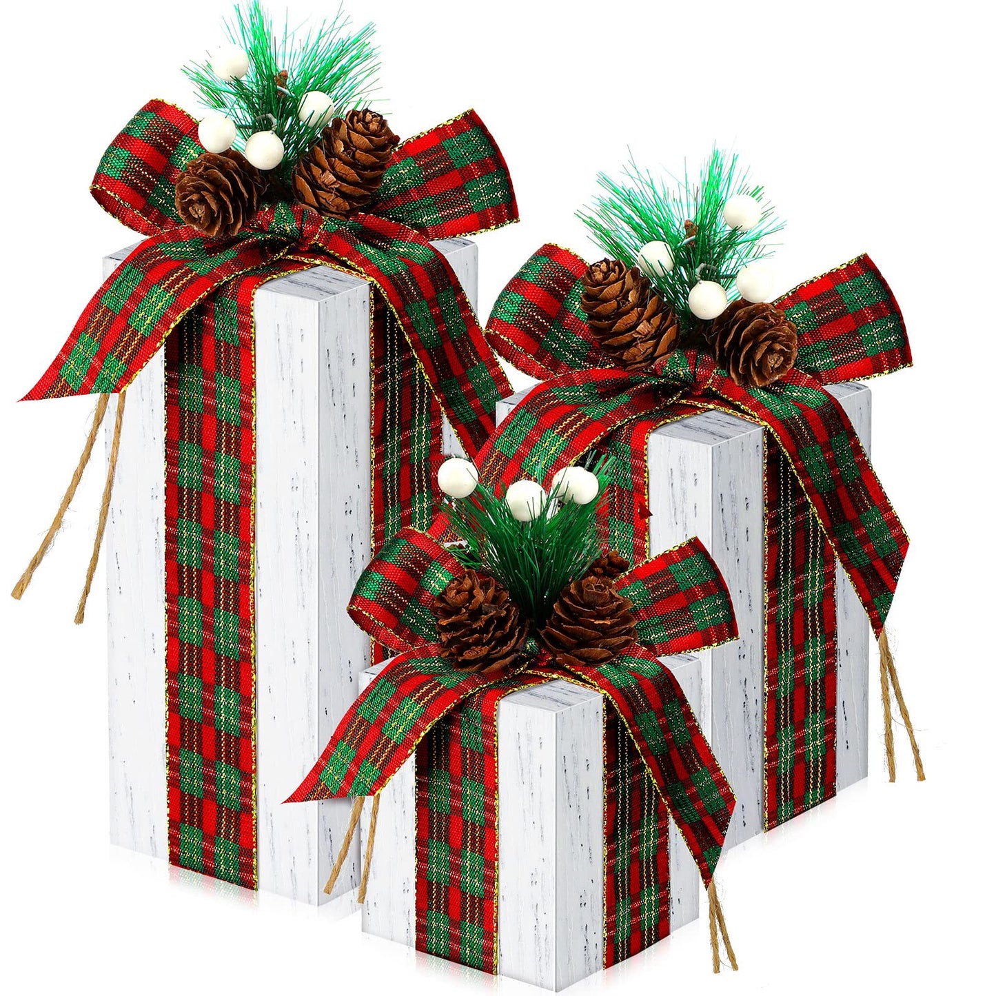 Amyhill 3 Pcs Christmas Wooden Gifts Box Decor Christmas Plaid Presents Table Centerpieces Rustic Wooden Gifts Tiered Tray Decor with Buffalo Plaid Bowknot for Xmas Party(White,Retro)