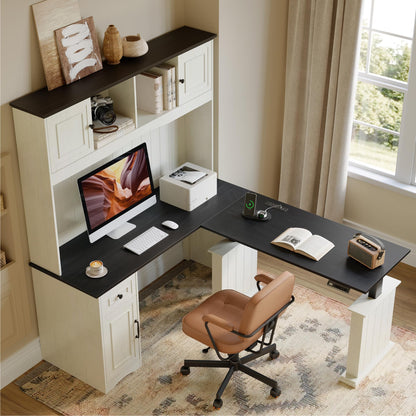BANTI 60" Adjustable L Shaped Executive Desk with Hutch and Storage Cabinet, Farmhouse Computer Desk with Charging Station, Reversible Home Office Workstation, Antique White