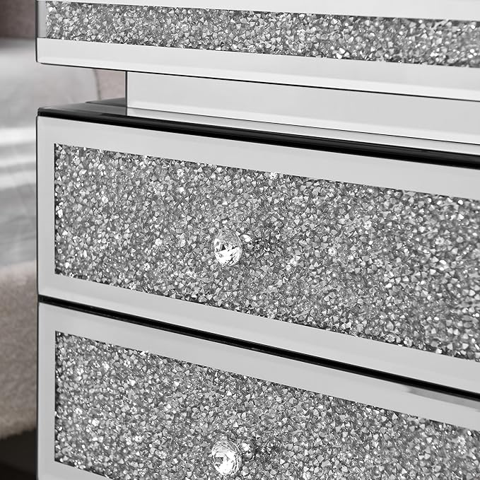 Mirrored Nightstand with 3 Drawers, Mirror End Table, Modern Bedside Table