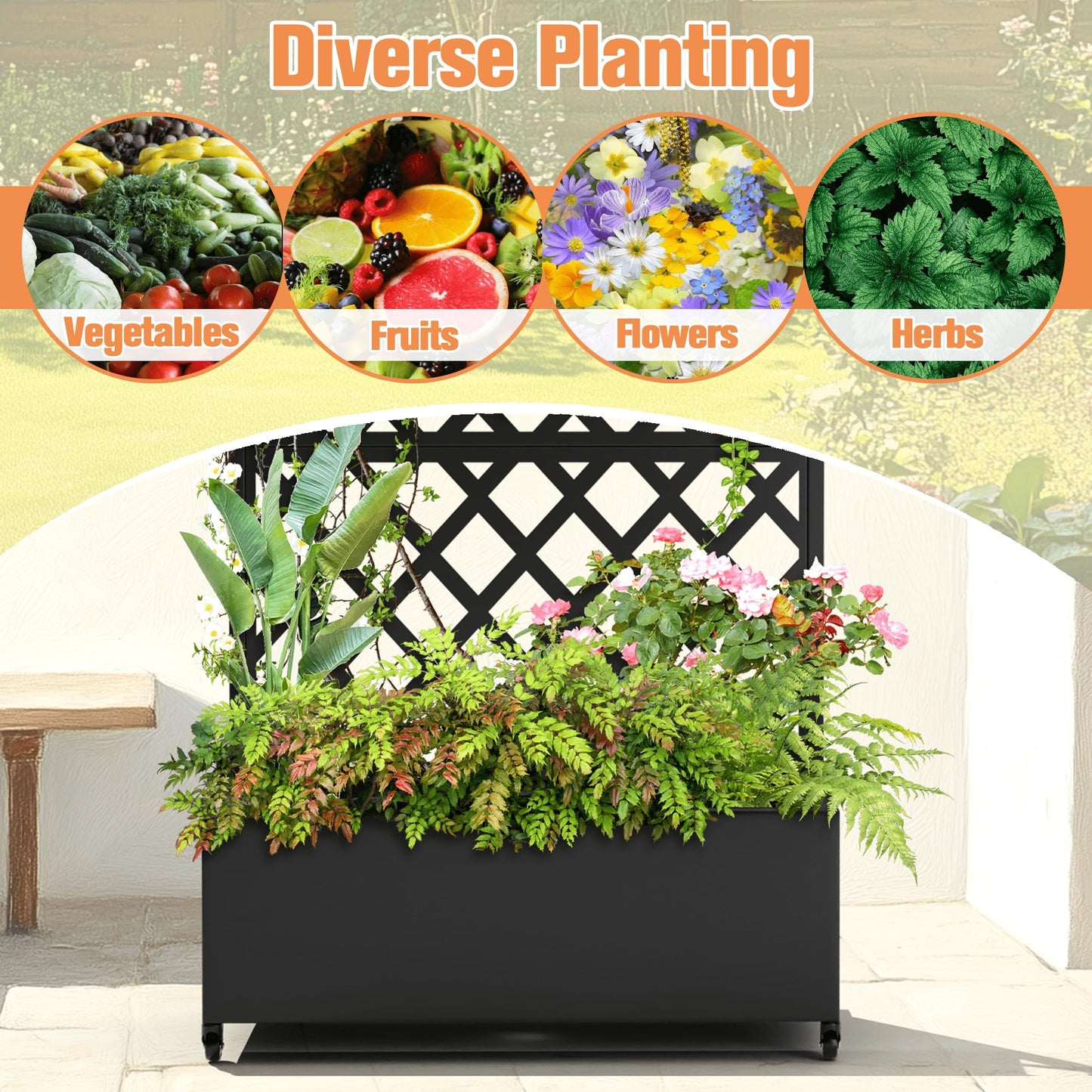 Metal Raised Garden Bed with Diamond Lattice Trellis, Outdoor Planter Box for Climbing Plants Vegetables Vines, Galvanized Garden Box with Drainage Holes and Wheels, Black (35.4"L x 16.7"W x 73.2"H)