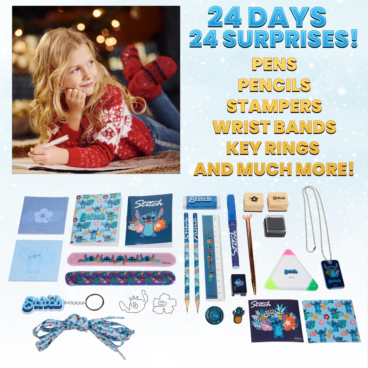 Disney Stitch Advent Calendar 2025 Stationery and Accessories Christmas Countdown Calendar with Necklace Keyring Pen Snap Bracelets Stamps (Blue Stitch Stationery)