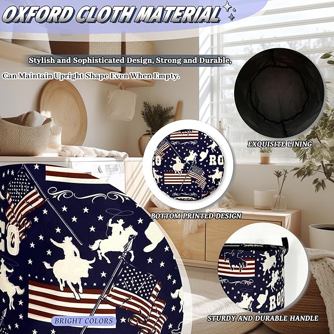 Western Cowboy Laundry Hamper Foldable Oxford Cloth American Flag Laundry Basket